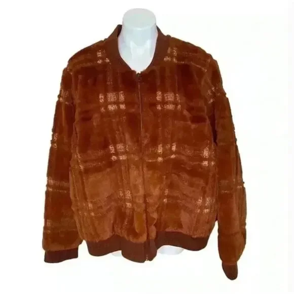 Anthropologie Faux Fur Teddy Bomber Jacket 2X NWOT Rust Plaid Coat Western